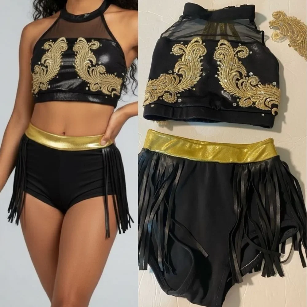 Custom glamorous mature solo dance costume 2 piece leather fringe black MC LC